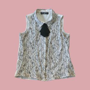 Karl Lagerfeld Black & White Embroidered Lace Sleeveless Button Down Blouse